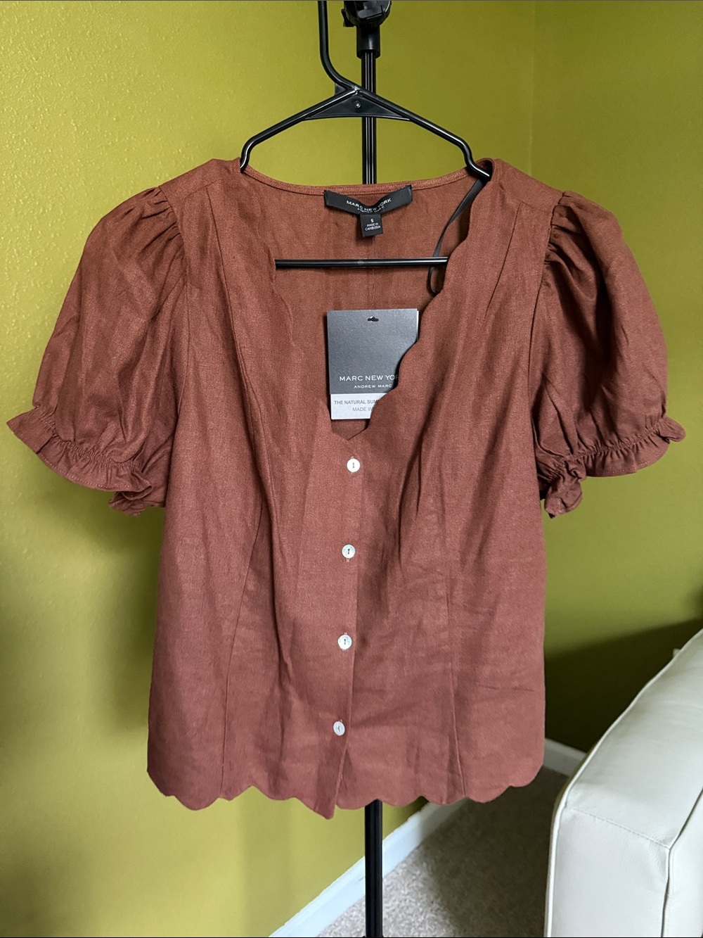 Marc New York Brown Scallop Linen-Blend Puff Sleeve Button-UP Top size Small